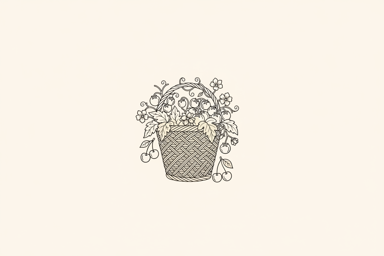 Black and white illustration of a woven basket with flowers and cherries on a white background