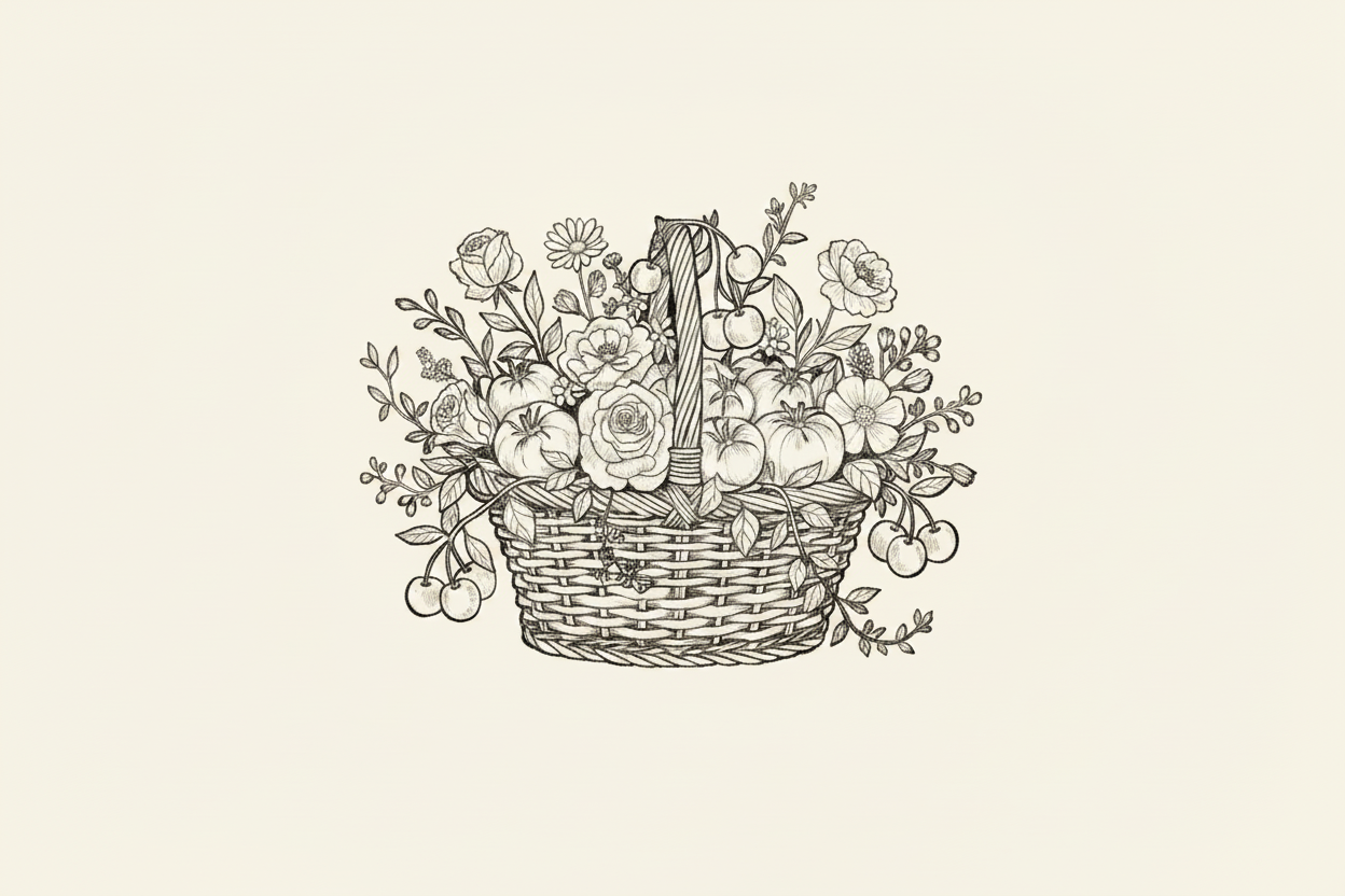 Basket with flowers and fruits on a black background